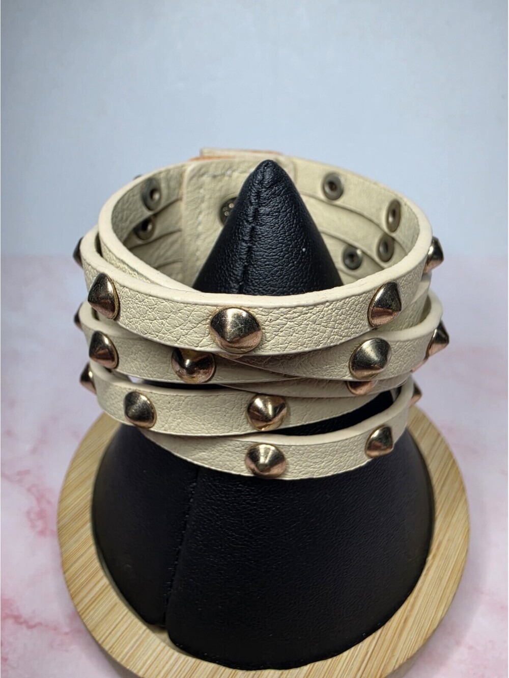 Cream Leather Studded Wrap Bracelet Multi Strand Cuff